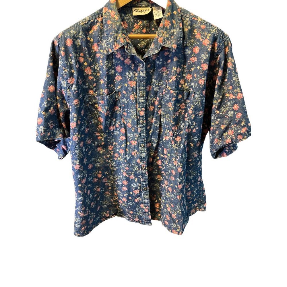 Classic Blues Blue Floral Lightweight Short Sleeved Button Front Shirt Sz 2X